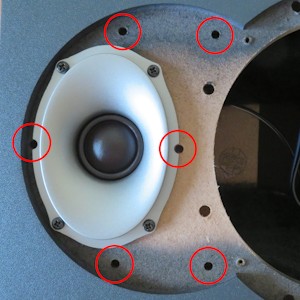 Replacing Jamo Studio7 tweeter (S7-15B, S7-17B, S7-25F & S7-27F): The holes circled in red are where the pins of the tweeter trim plate are attached to the speaker cabinet.