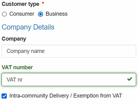 Data required for VAT free (VIES) business order