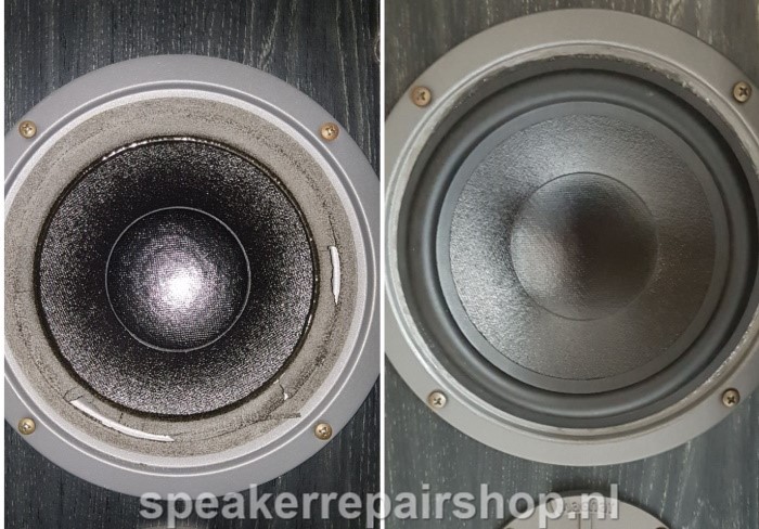 Magnat Project 10 woofer before and after repair (new rubber surround)