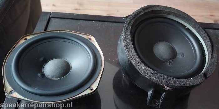 Saab 900 / 9-3 woofer (front door) with a new rubber surround mounted
