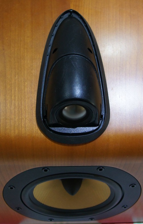 B&W HTM7 tweeter replacement: the speaker housing with replacement tweeter attached to the speaker cabinet