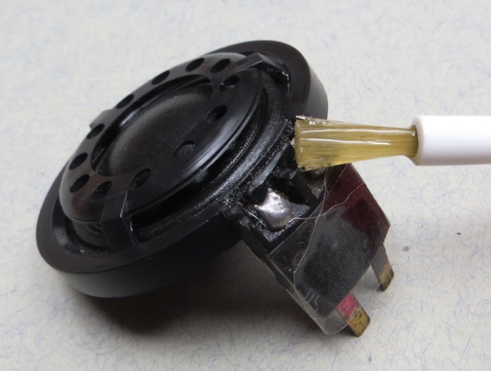 B&W CDM1 (ZZ9989 / ZZ09989) tweeter repair: flux applied before soldering diaphragm wiring to the connectors