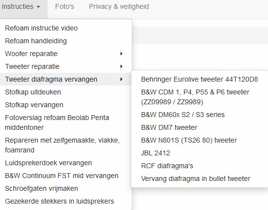 Menu: handleidingen om tweeter diafragma los te halen van de magneet.