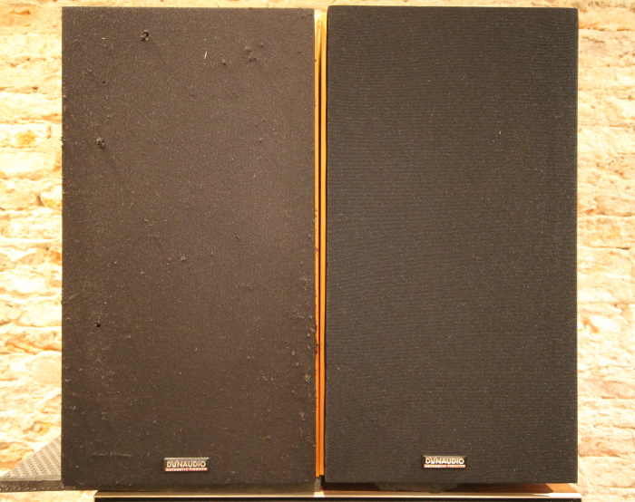 Dynaudio Contour 1.3 MKii grille (links) en de grille bespannen met nieuw fijn luidspekerdoek (rechts)