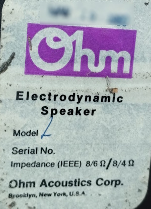 Ohm L woofer sticker on backside magnet