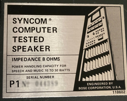 Sticker on Bose Syncom P1 cabinet